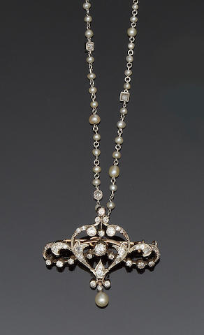 Bonhams : A diamond and pearl brooch and a diamond and seed pearl ...