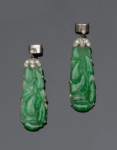 Bonhams : A pair of carved jadeite and diamond earpendants