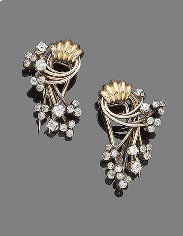 Bonhams : A pair of diamond-set clip brooches (2)