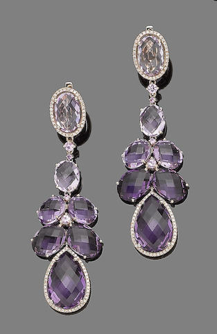 Bonhams : A pair of amethyst, pink sapphire and diamond pendent earrings