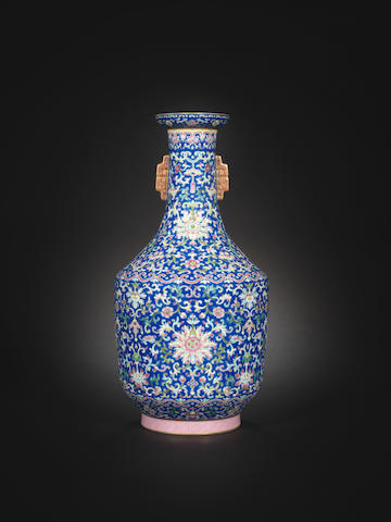 Bonhams : A famille rose blue-ground vase Jiaqing seal mark and of the ...