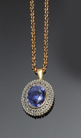 Bonhams : A sapphire, diamond and seed pearl pendant