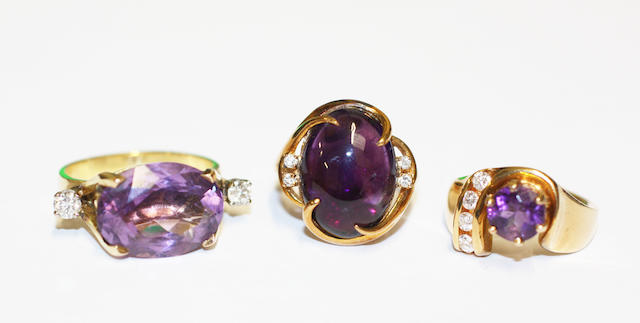 Bonhams : Three amethyst and diamond dress rings, (3)