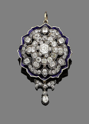 Bonhams : A late 19th century diamond and enamel brooch/pendant
