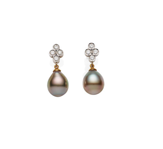 Bonhams : A pair of cultured pearl and diamond pendent earrings ...