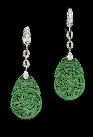 Bonhams : A pair of jade and diamond pendent earrings