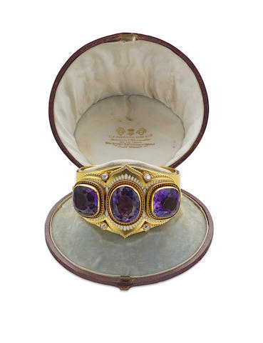 Bonhams : An enamel, amethyst and diamond bangle, circa 1870
