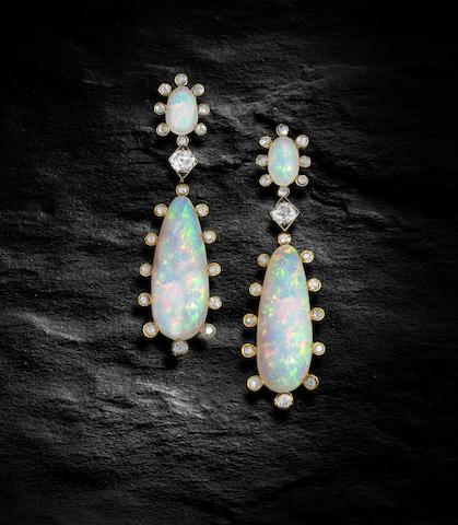 Bonhams : A pair of opal and diamond pendent earrings,