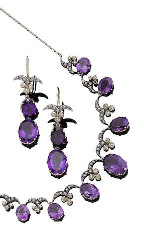 Bonhams : An amethyst and diamond fringe necklace and earring suite (2)