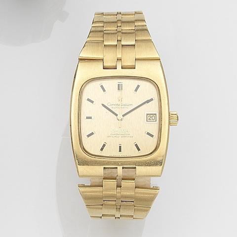 Bonhams : Omega. An 18ct gold automatic calendar bracelet watch ...