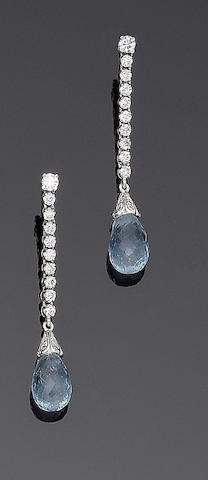 Bonhams : A pair of aquamarine and diamond pendent earrings