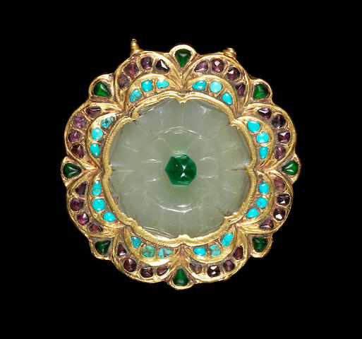 Bonhams : A Qajar gem-set and gold mounted jade Plaque Persia, 19th Century