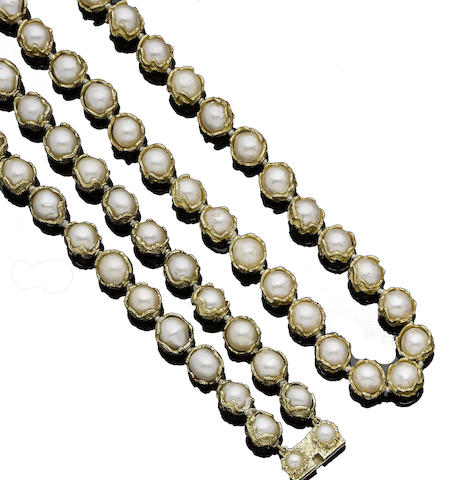 Bonhams : A gold and cultured pearl bracelet, by Charles de Temple, (2)