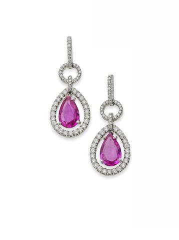 Bonhams : A pair of pink sapphire and diamond pendent earrings
