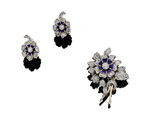 Bonhams : An enamel and diamond flower brooch/pendant and earring suite (2)