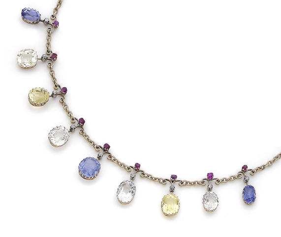 Bonhams : A coloured sapphire fringe necklace,