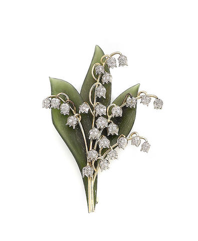 Bonhams : A nephrite and diamond flower brooch