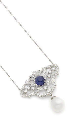 Bonhams : A sapphire, cultured pearl and diamond pendant necklace