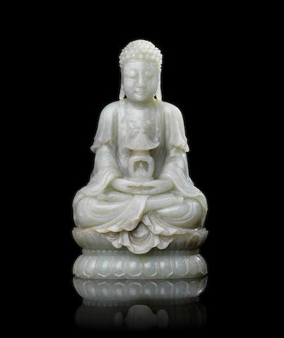 Bonhams : A rare pale green jade carving of Buddha and a stand 18th ...