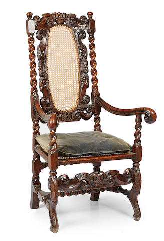 Bonhams : A Charles II walnut cane back open armchair
