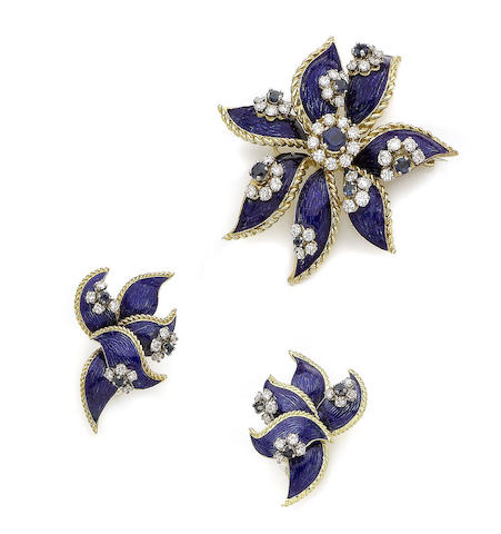 Bonhams : A sapphire, enamel and diamond brooch and earring suite, by ...