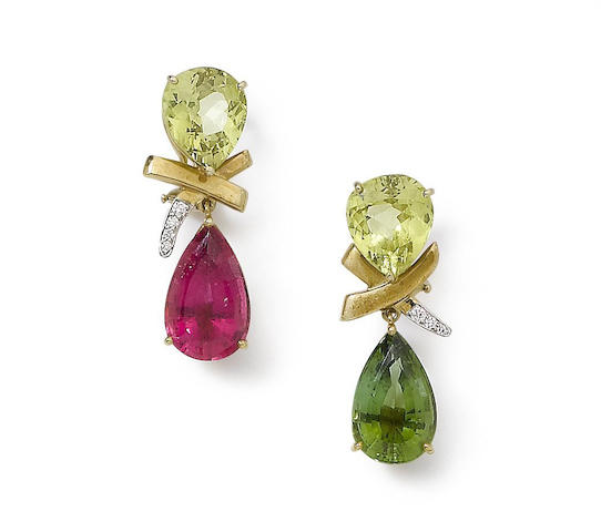 Bonhams : A pair of chrysoberyl and tourmaline pendent earrings, by ...