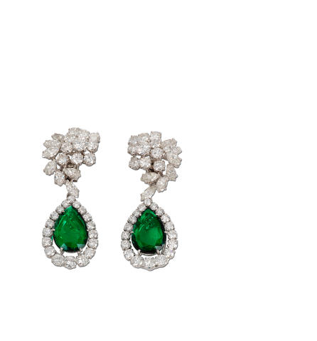 Bonhams : A pair of emerald and diamond pendent earrings