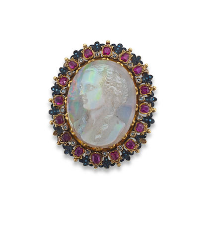 Bonhams : An opal cameo and gem-set brooch, circa 1880