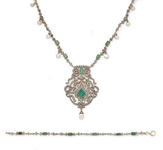 Bonhams : An emerald, pearl and diamond necklace and bracelet suite,