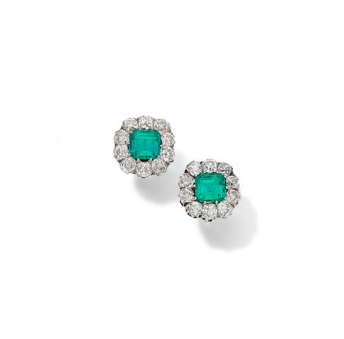 Bonhams : A pair of late 19th century emerald and diamond cluster earrings