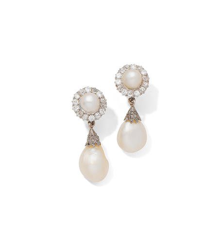Bonhams : A pair of natural pearl and diamond pendent earrings