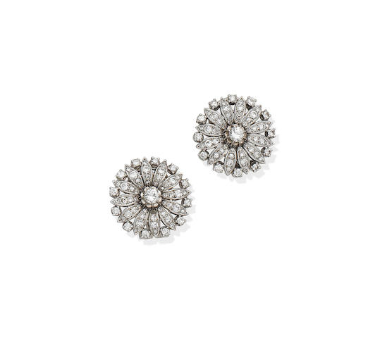 Bonhams : A pair of mid-century diamond earrings