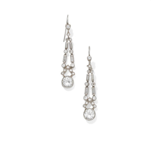 Bonhams : A pair of Art Deco diamond pendent earrings,