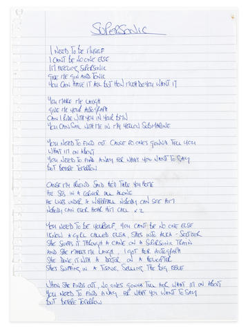 Bonhams Oasis Noel Gallagher S Handwritten Lyrics For Supersonic Circa 07