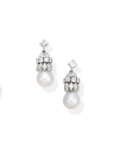 Bonhams : A pair of cultured pearl and diamond earrings
