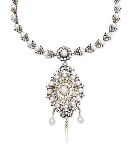 Bonhams : A cultured pearl and diamond necklace and brooch/pendant (2)