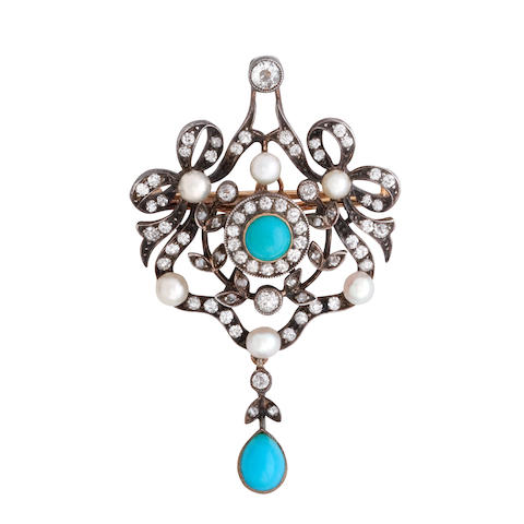 Bonhams : A turquoise and diamond pendant/brooch, late 19th century