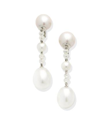 Bonhams : A pair of cultured pearl and diamond pendent earrings, by Chaumet