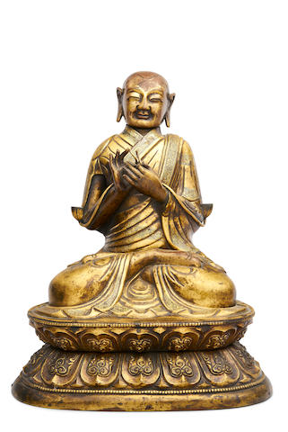 Bonhams : A Sino-tibetan gilt copper alloy repoussé figure of Tsong ...