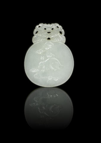 Bonhams : A white jade 'hare and moon' plaque