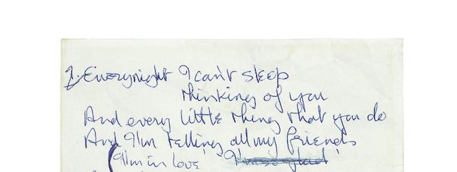 Bonhams John Lennon Original Handwritten Lyrics For I M In Love 1963