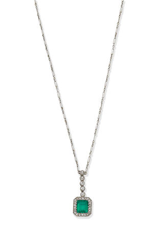 Bonhams : An early 20th century emerald and diamond pendant necklace