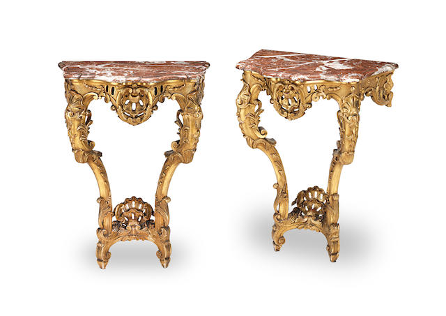 Bonhams : A pair of Louis XV style small giltwood consoles19th century (2)
