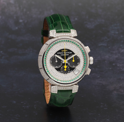Bonhams : Louis Vuitton. An 18K white gold, diamond and emerald set  automatic calendar chronograph wristwatch Tambour Forever, Ref Q11470,  No.3, Purchased 8th August 2010