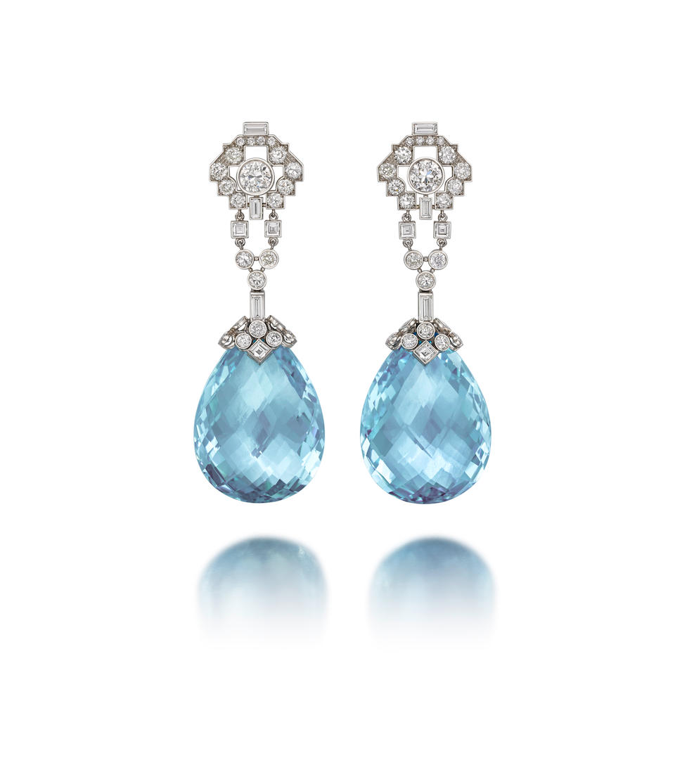 Bonhams : A pair of aquamarine and diamond pendent earrings, by Cartier,