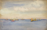 Thumbnail of Henry Scott Tuke, RA, RWS (British, 1858-1929) Windjammer in Falmouth Roads; Boats on a calm sea image 6