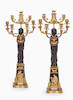 Thumbnail of A pair of fine and impressive Empire 'Retour D'Egypt' gilt and patinated bronze seven light figural candelabra Possibly attributable to Pierre-Philippe Thomire, early 19th century (2) image 1