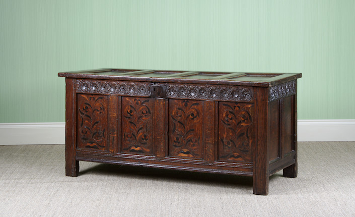 Bonhams : A mid-17th Century oak and marquetry inlaid coffer