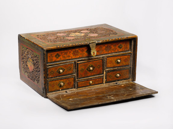 Bonhams A Qajar Lacquered Wooden Workbox Persia 19th Century