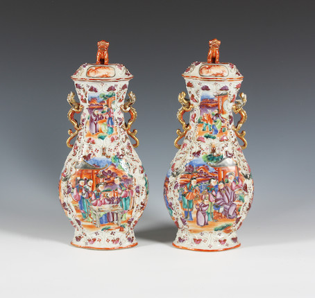 Bonhams : A pair of Chinese famille rose twin-handled vases and covers ...